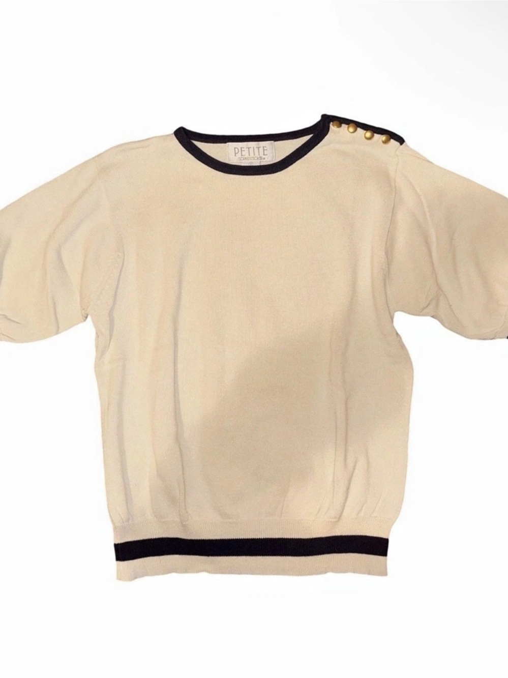 Vintage 80s Petite Sophisticate Short Sleeve Top in Cream & Black Like New